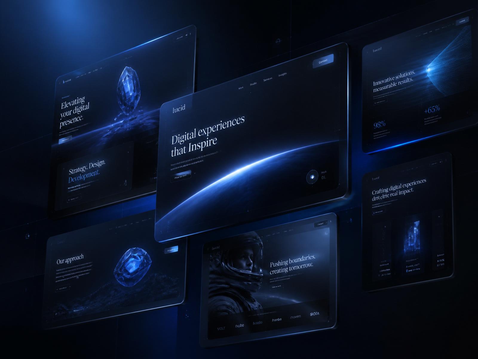 Premium website mockups floating in dark space